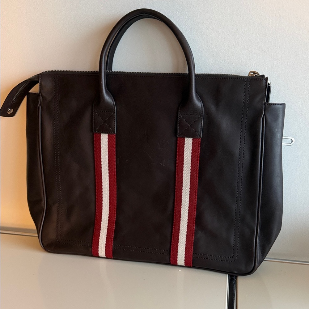Bally Black Leather Briefcase with Red Accents
